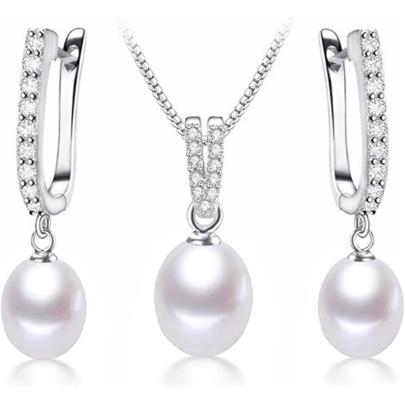 Minimalist Fresh Water Pearl Jewelry Set For with Cubic Zirconia Pendant Set - Picture 7 of 7